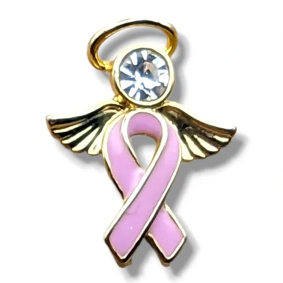 Pink Ribbon Gold Tone Angel Rhinestone Hat Lapel Pin Brooch Brest Cancer - Picture 4 of 4